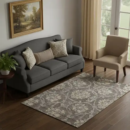 Brown Beige And Taupe Floral Washable Area Rug With UV Protection Photo 1