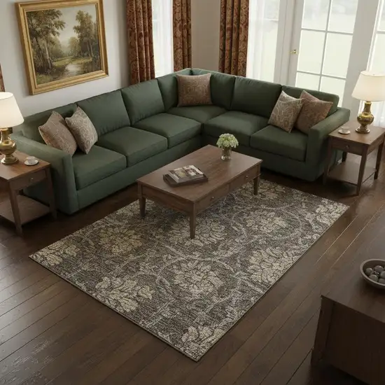 Brown Beige And Taupe Floral Washable Area Rug With UV Protection Photo 2