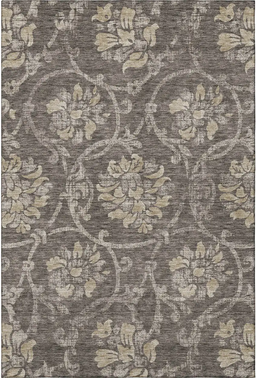 Brown Beige And Taupe Floral Washable Area Rug With UV Protection Photo 4