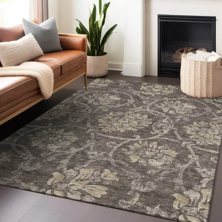 Brown Beige And Taupe Floral Washable Area Rug With UV Protection Photo 6