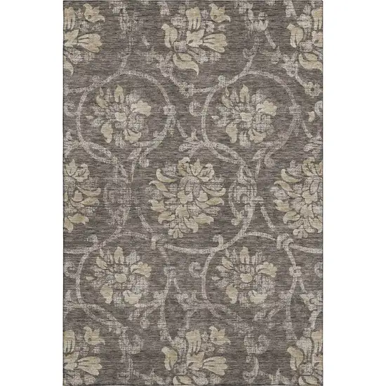 Brown Beige And Taupe Floral Washable Area Rug With UV Protection Photo 1
