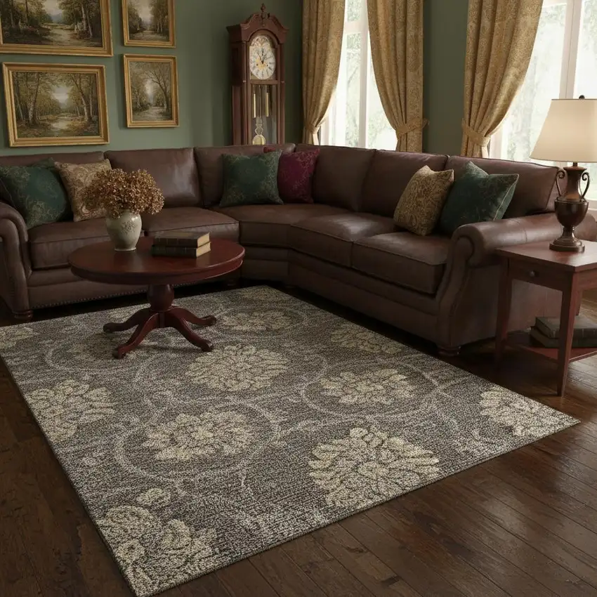 Brown Beige And Taupe Floral Washable Area Rug With UV Protection Photo 2