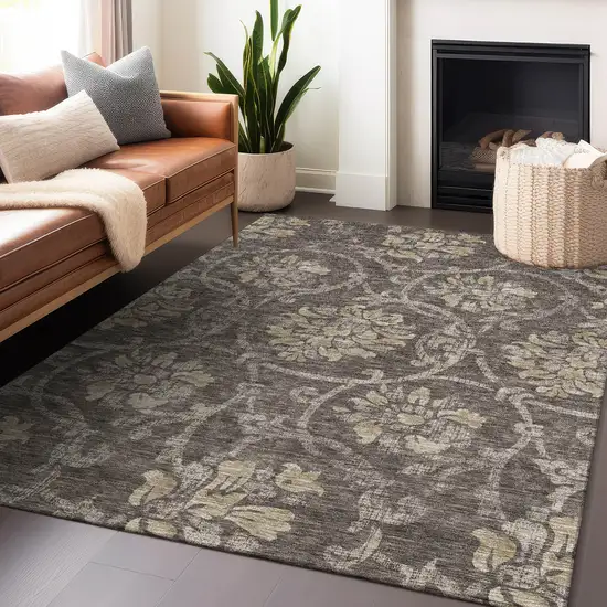 Brown Beige And Taupe Floral Washable Area Rug With UV Protection Photo 6