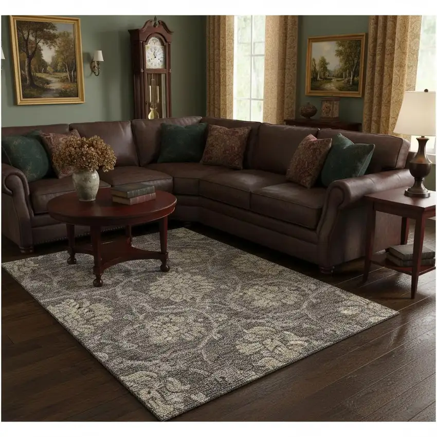 Brown Beige And Taupe Floral Washable Area Rug With UV Protection Photo 2