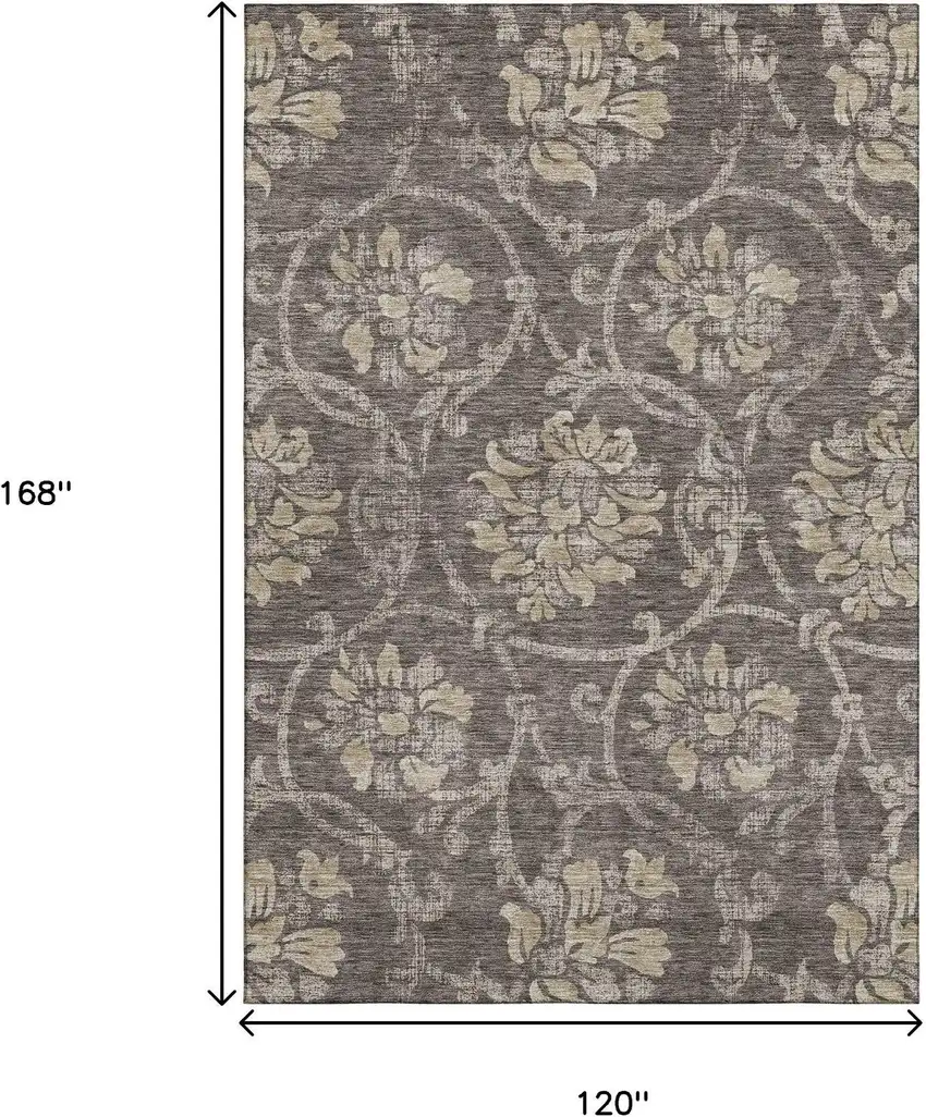 Brown Beige And Taupe Floral Washable Area Rug With UV Protection Photo 3