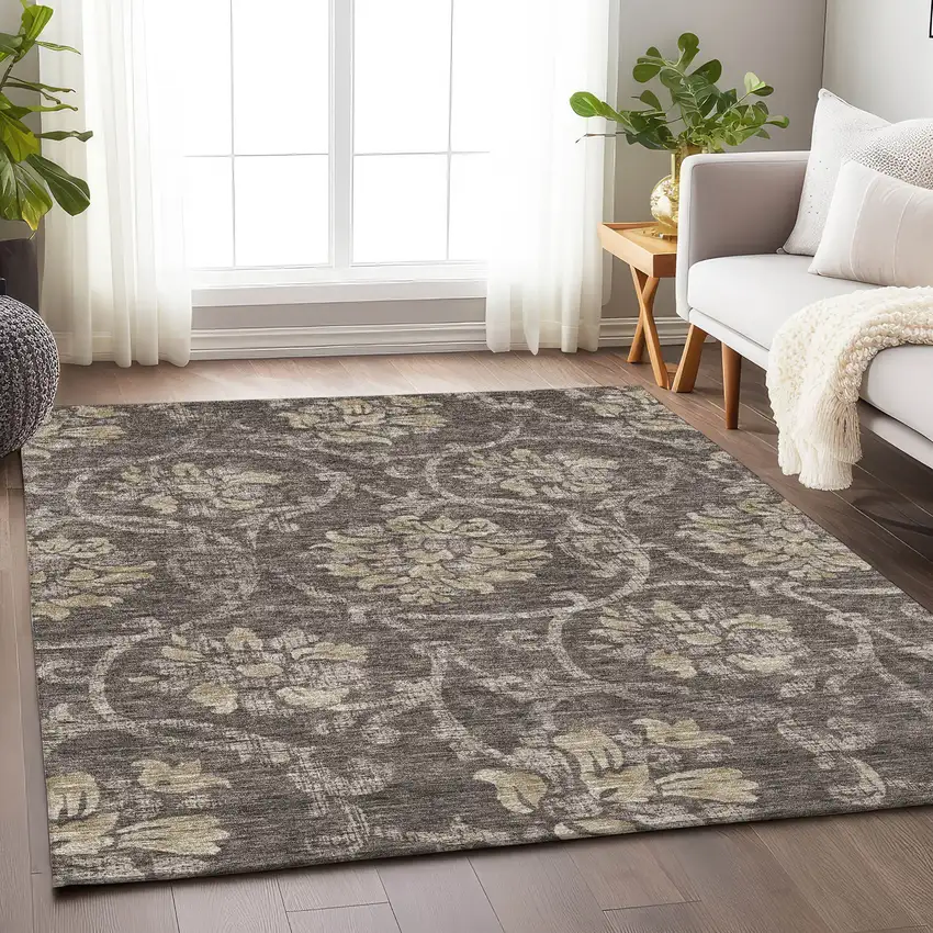 Brown Beige And Taupe Floral Washable Area Rug With UV Protection Photo 5