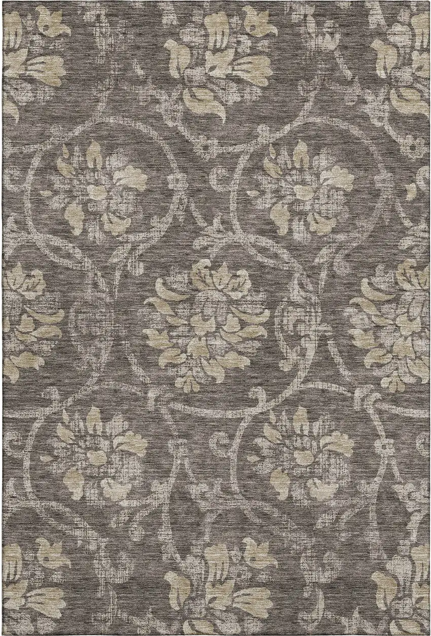 Brown Beige And Taupe Floral Washable Area Rug With UV Protection Photo 1