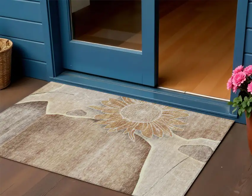 Brown Beige And Taupe Floral Washable Indoor Outdoor Area Rug Photo 1