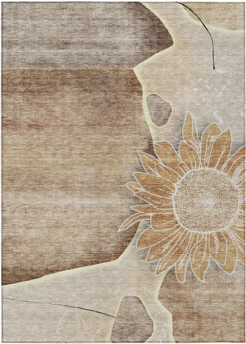 Brown Beige And Taupe Floral Washable Indoor Outdoor Area Rug Photo 1