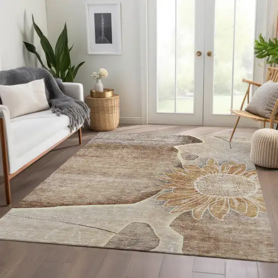 Brown Beige And Taupe Floral Washable Indoor Outdoor Area Rug Photo 8