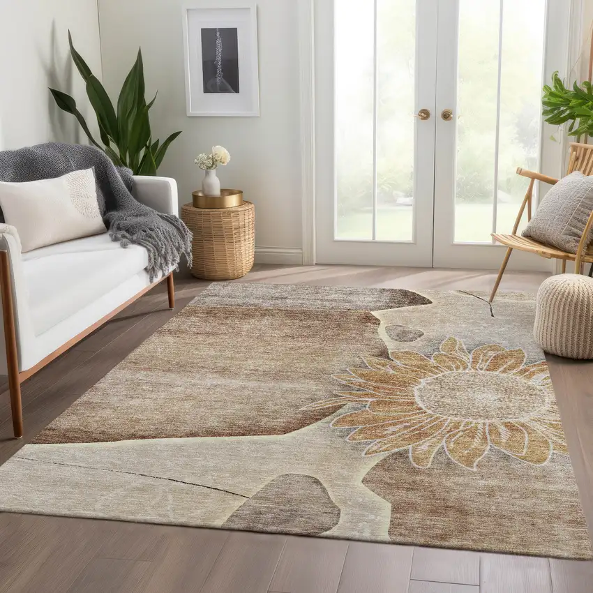 Brown Beige And Taupe Floral Washable Indoor Outdoor Area Rug Photo 8