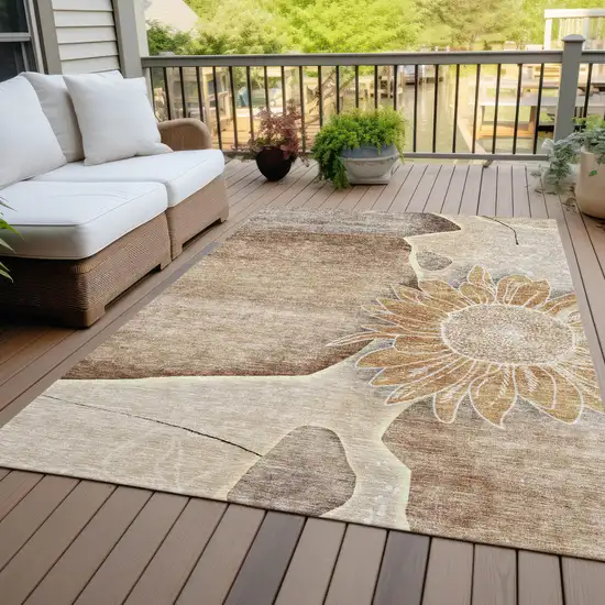 Brown Beige And Taupe Floral Washable Indoor Outdoor Area Rug Photo 7
