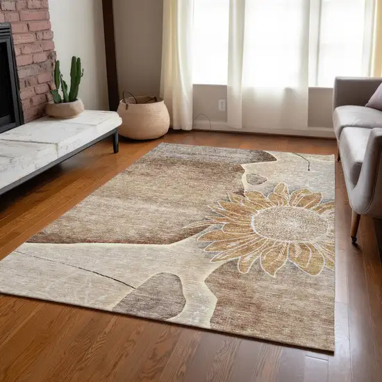 Brown Beige And Taupe Floral Washable Indoor Outdoor Area Rug Photo 9