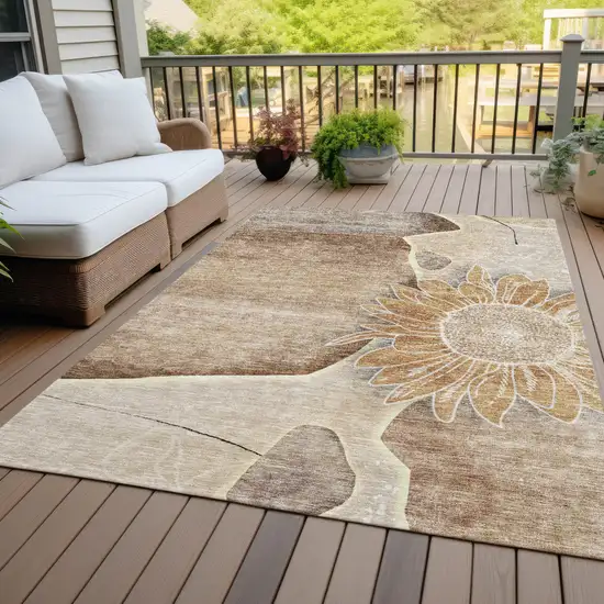 Brown Beige And Taupe Floral Washable Indoor Outdoor Area Rug Photo 7