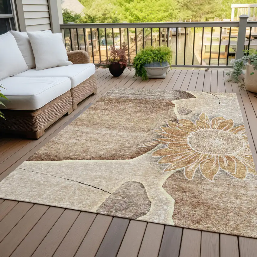Brown Beige And Taupe Floral Washable Indoor Outdoor Area Rug Photo 7