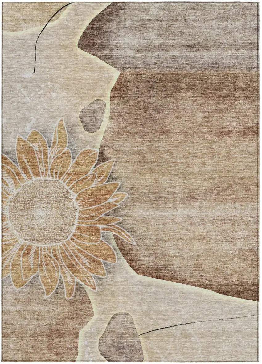 Brown Beige And Taupe Floral Washable Indoor Outdoor Area Rug Photo 6