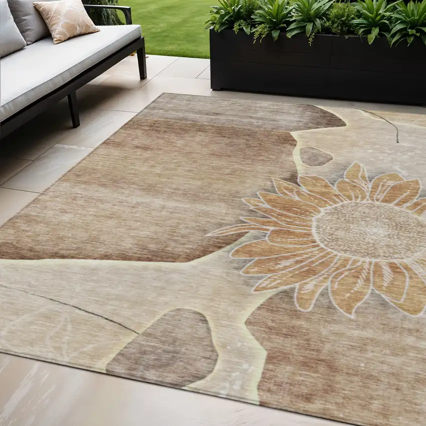 Brown Beige And Taupe Floral Washable Indoor Outdoor Area Rug Photo 1