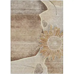Photo of Brown Beige And Taupe Floral Washable Indoor Outdoor Area Rug