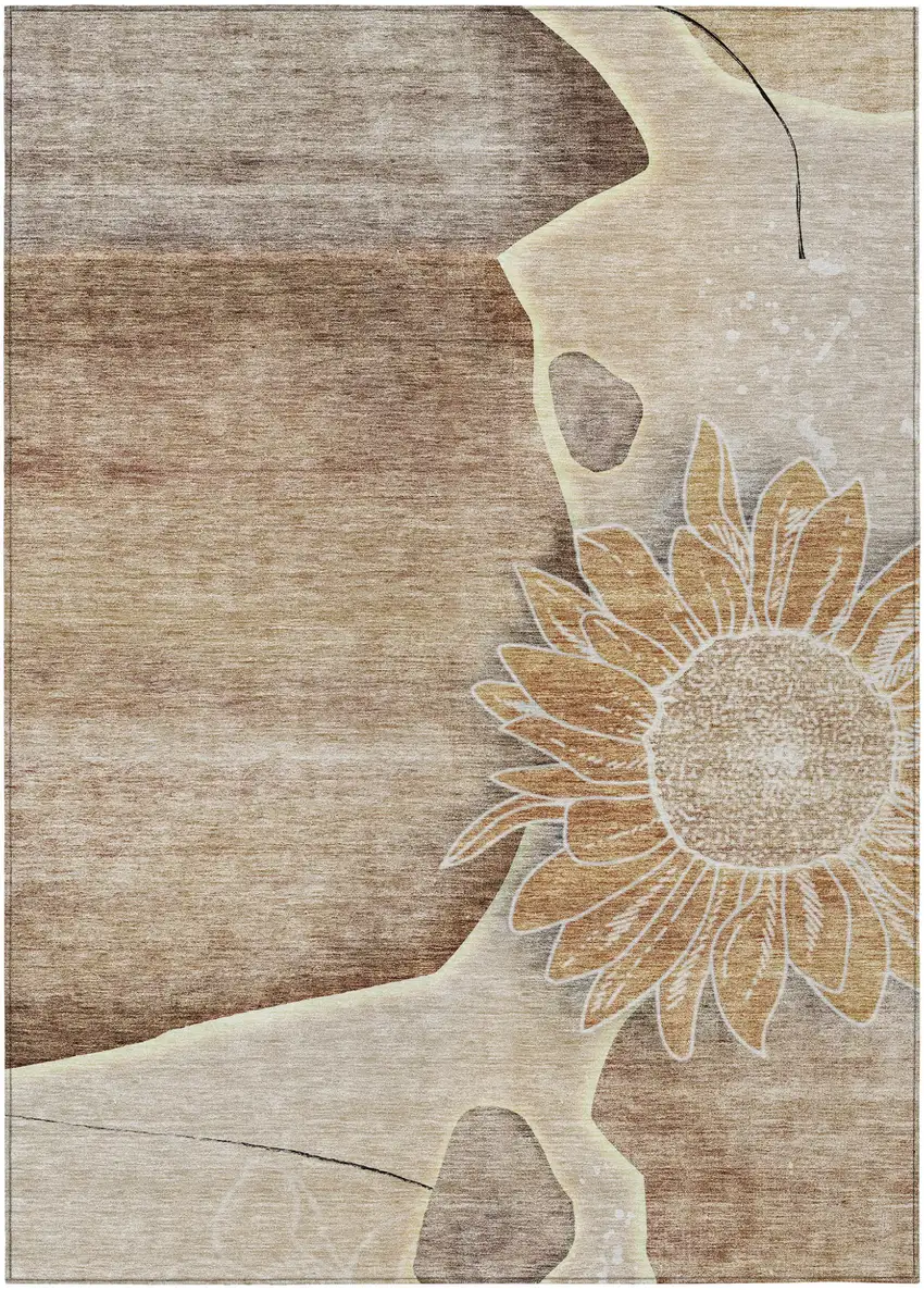 Brown Beige And Taupe Floral Washable Indoor Outdoor Area Rug Photo 1