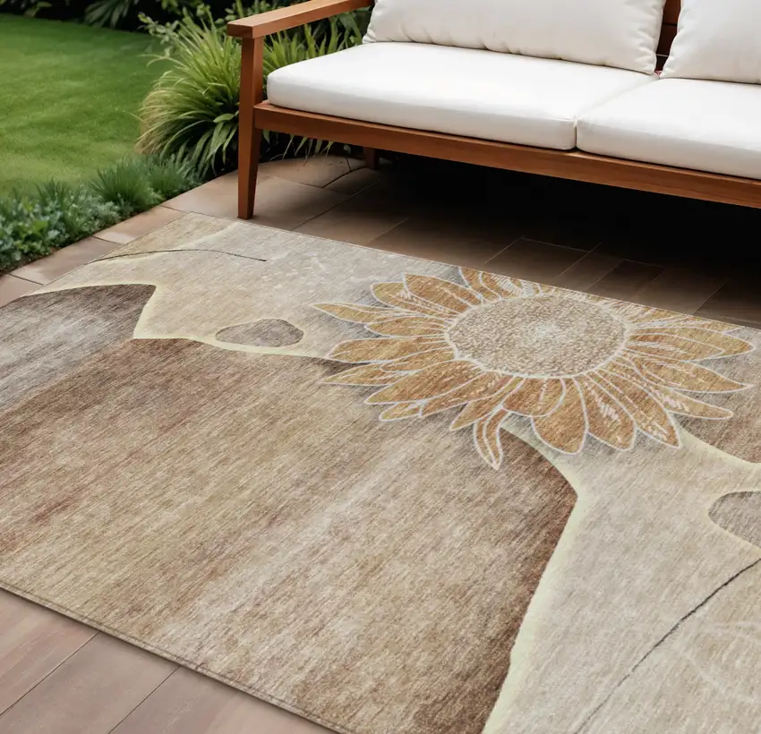 Brown Beige And Taupe Floral Washable Indoor Outdoor Area Rug Photo 1