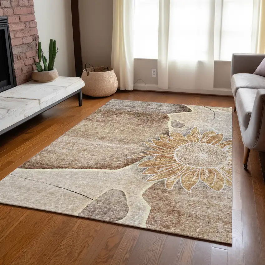 Brown Beige And Taupe Floral Washable Indoor Outdoor Area Rug Photo 9