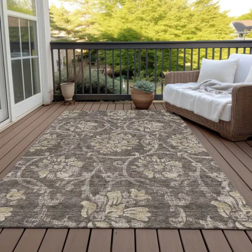 Brown Beige And Taupe Floral Washable Indoor Outdoor Area Rug Photo 7