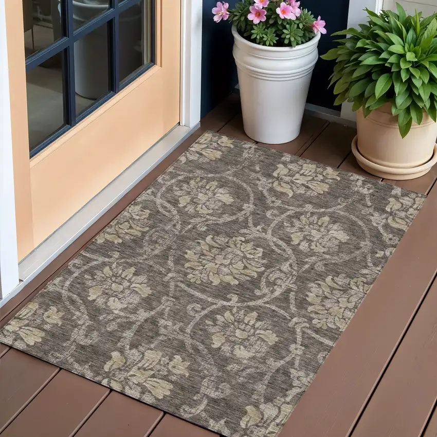 Brown Beige And Taupe Floral Washable Indoor Outdoor Area Rug Photo 1