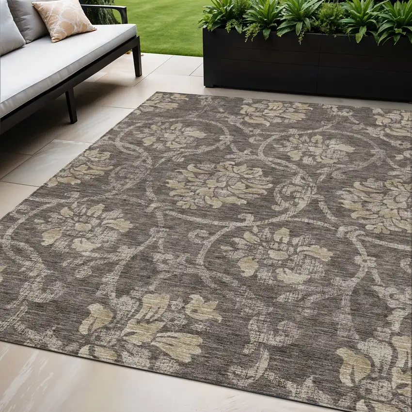 Brown Beige And Taupe Floral Washable Indoor Outdoor Area Rug Photo 1