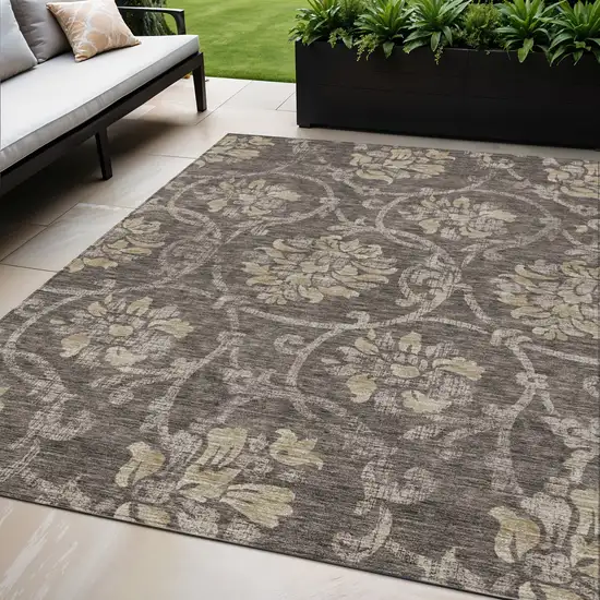 Brown Beige And Taupe Floral Washable Indoor Outdoor Area Rug Photo 1