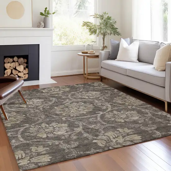 Brown Beige And Taupe Floral Washable Indoor Outdoor Area Rug Photo 7