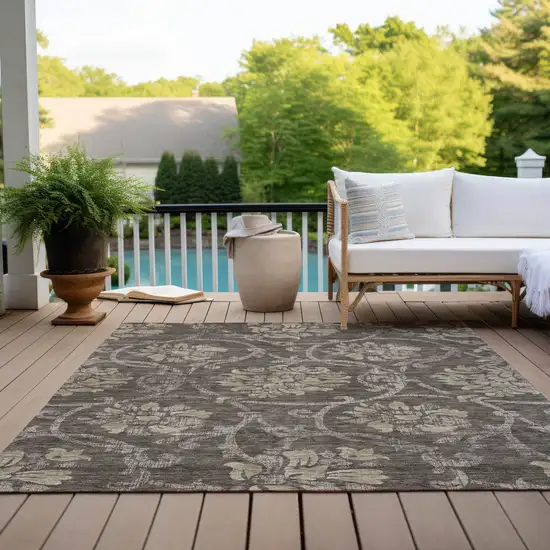 Brown Beige And Taupe Floral Washable Indoor Outdoor Area Rug Photo 9