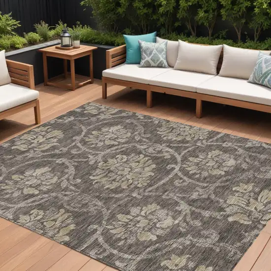 Brown Beige And Taupe Floral Washable Indoor Outdoor Area Rug Photo 1