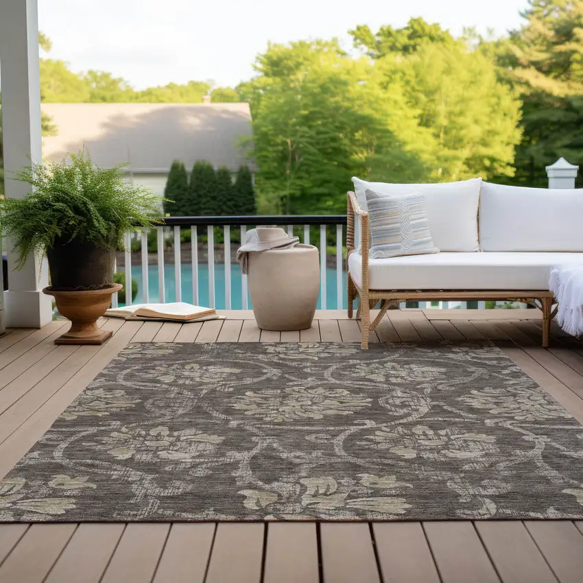 Brown Beige And Taupe Floral Washable Indoor Outdoor Area Rug Photo 9