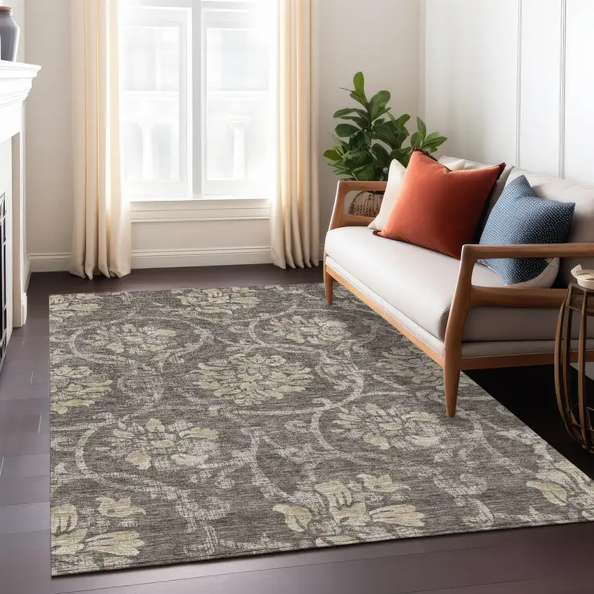 Brown Beige And Taupe Floral Washable Indoor Outdoor Area Rug Photo 8