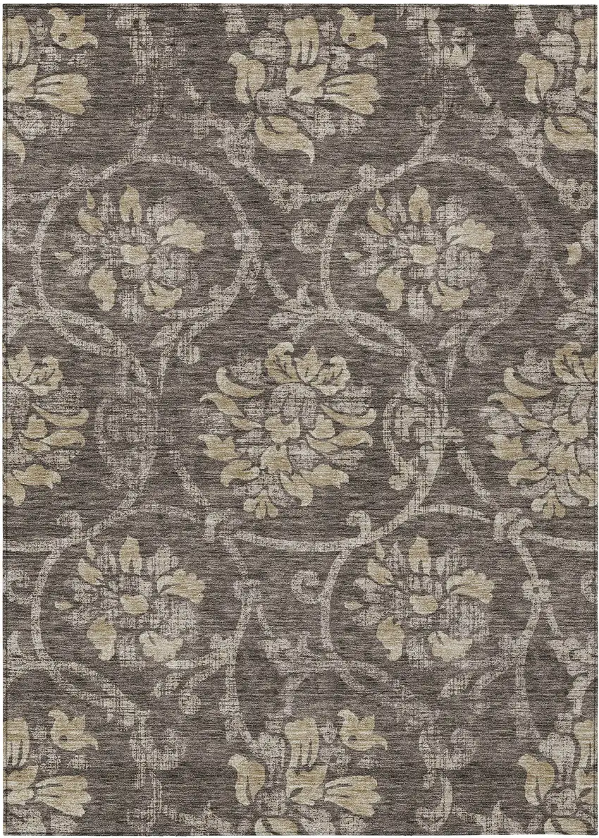 Brown Beige And Taupe Floral Washable Indoor Outdoor Area Rug Photo 1