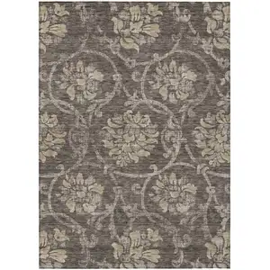 Photo of Brown Beige And Taupe Floral Washable Indoor Outdoor Area Rug