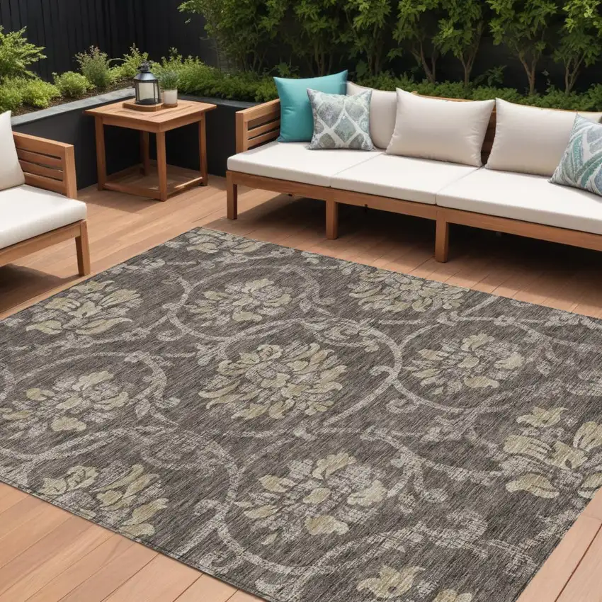 Brown Beige And Taupe Floral Washable Indoor Outdoor Area Rug Photo 1