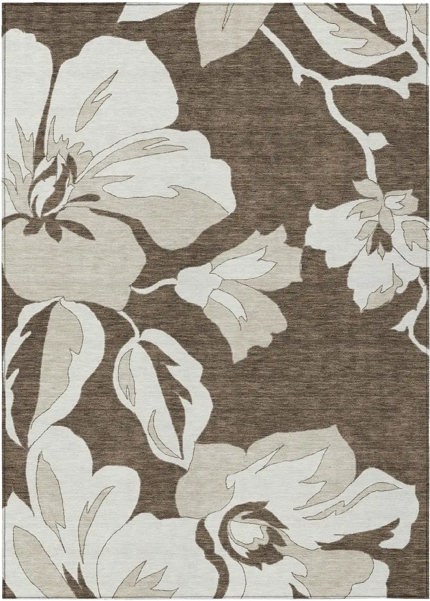 Brown Beige And Taupe Floral Washable Indoor Outdoor Area Rug Photo 2