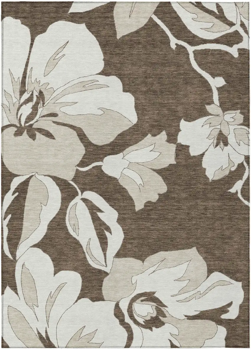Brown Beige And Taupe Floral Washable Indoor Outdoor Area Rug Photo 2