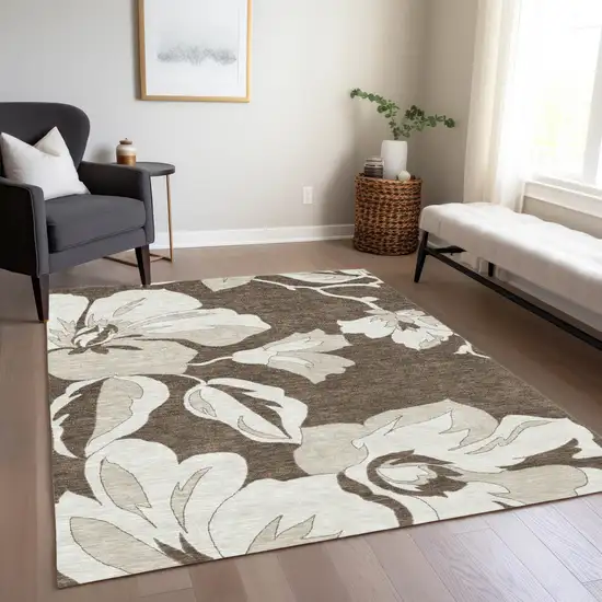 Brown Beige And Taupe Floral Washable Indoor Outdoor Area Rug Photo 9