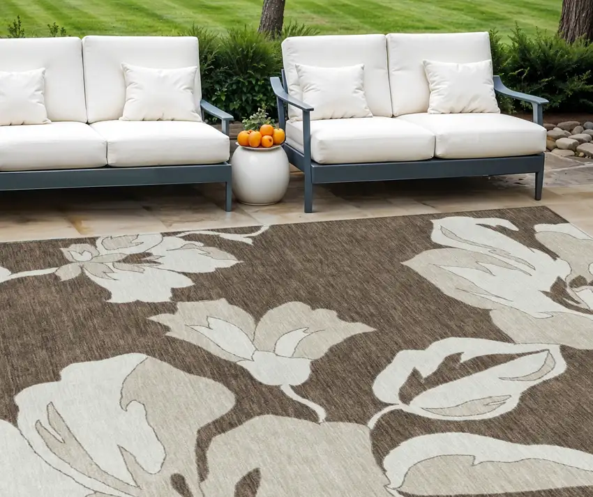 Brown Beige And Taupe Floral Washable Indoor Outdoor Area Rug Photo 1