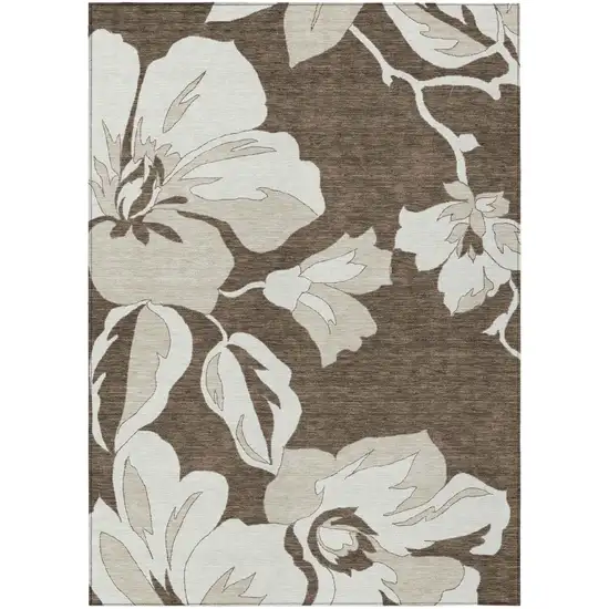 Brown Beige And Taupe Floral Washable Indoor Outdoor Area Rug Photo 2