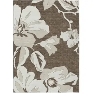 Photo of Brown Beige And Taupe Floral Washable Indoor Outdoor Area Rug