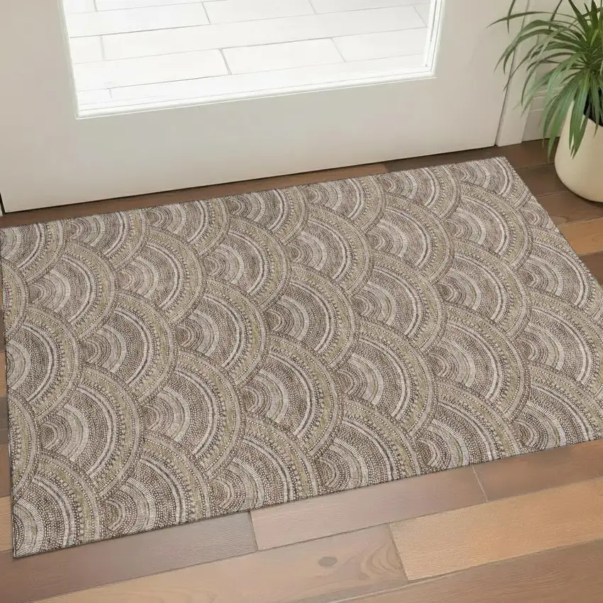 Brown Beige And Taupe Geometric Washable Area Rug With UV Protection Photo 2