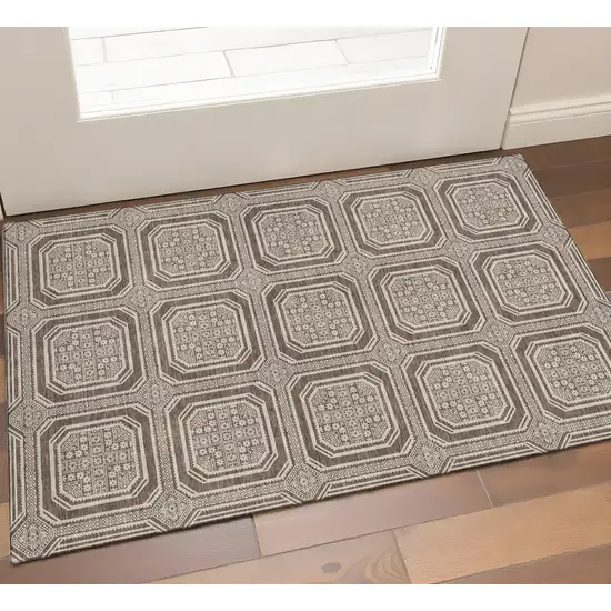 Brown Beige And Taupe Geometric Washable Area Rug With UV Protection Photo 1