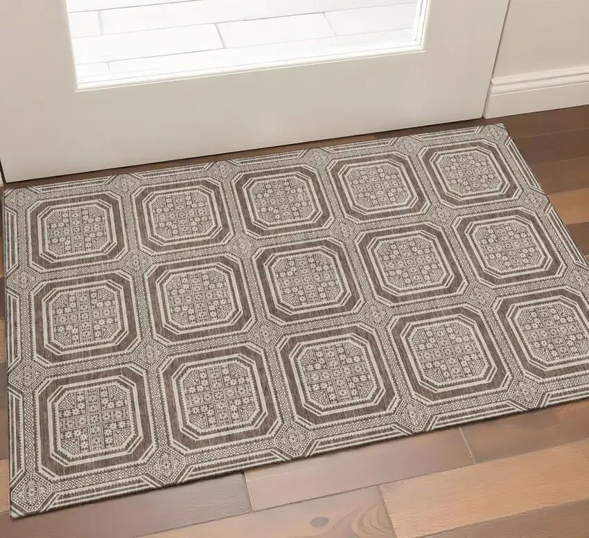 Brown Beige And Taupe Geometric Washable Area Rug With UV Protection Photo 1
