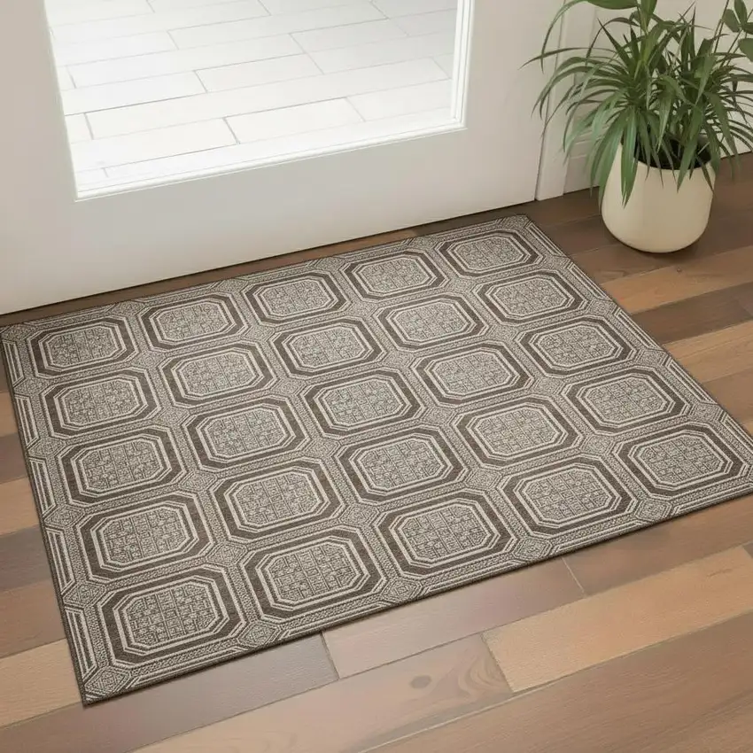 Brown Beige And Taupe Geometric Washable Area Rug With UV Protection Photo 2