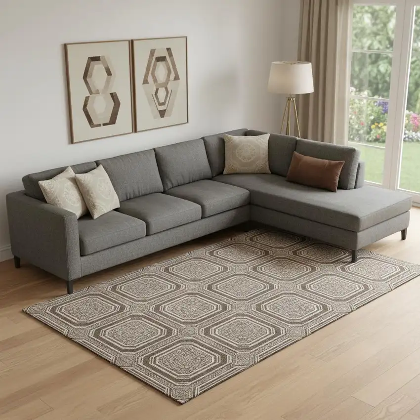 Brown Beige And Taupe Geometric Washable Area Rug With UV Protection Photo 2