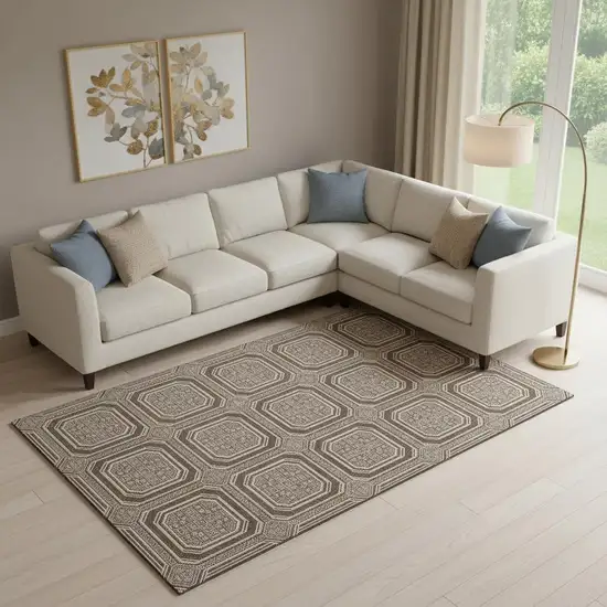 Brown Beige And Taupe Geometric Washable Area Rug With UV Protection Photo 2