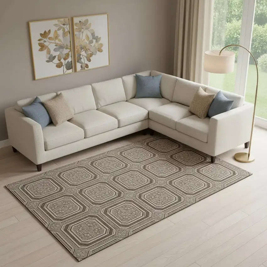 Brown Beige And Taupe Geometric Washable Area Rug With UV Protection Photo 2
